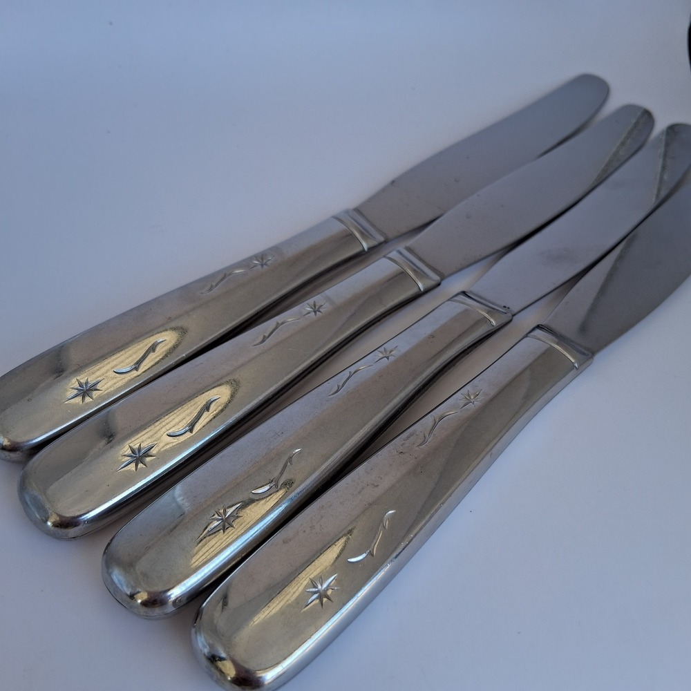 Lot of 4 Vintage Imperial Star Time Stainless Dinner Knives Hollow Handle MCM